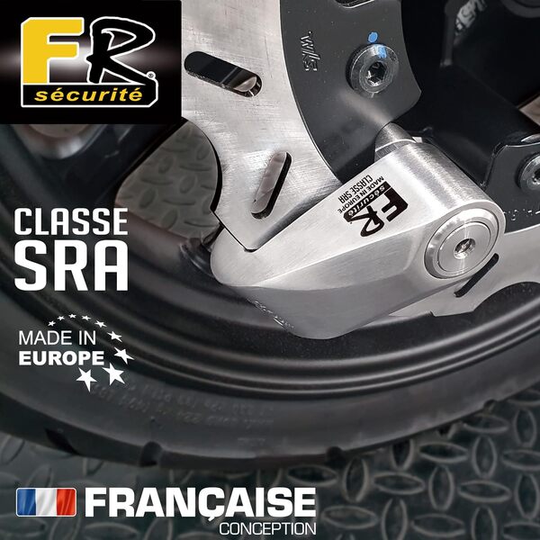 FR Sécurité FR110S Antivol Bloque Disque Moto Homologué SRA, Double Verrouillage ø10mm, Acier Inoxydable de Haute Sécurité, Cable de Rappel, Antivol Bloc Frein Roue pour Scooter, Moto, Velo