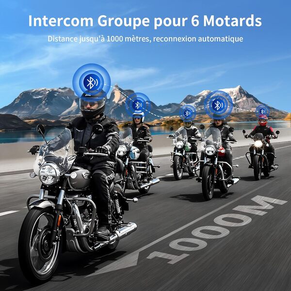 FX6 Intercom Moto, 6 Voies Intercom Moto pour 6 Casques avec Radio FM, Main Libre, 1000 m Oreillette Bluetooth Casque pour Motocyclette/ATV