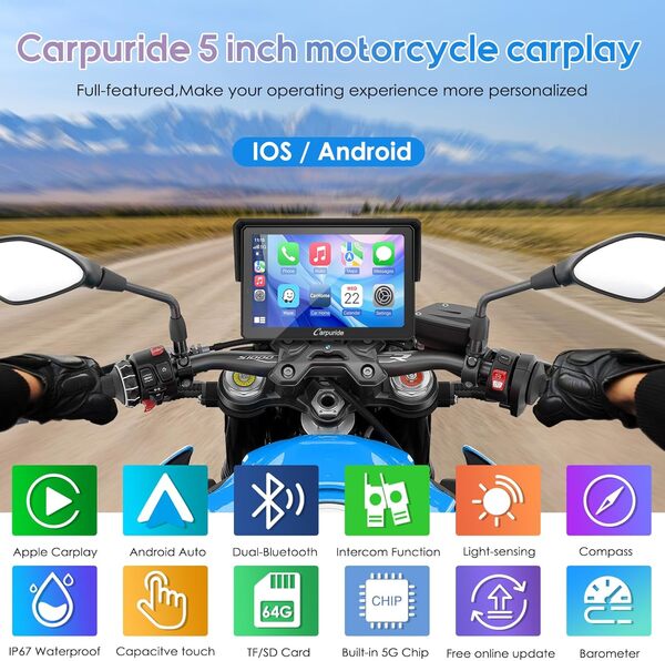 Carpuride W502PRO B pour Moto B.-M-.W CarPlay & Android Auto & Dual Bluetooth, Navigation étanche 5 Pouces pour Moto, Partage de Musique, Interphone, EQ, Capteur de Lumière, Boussole, Baromètre