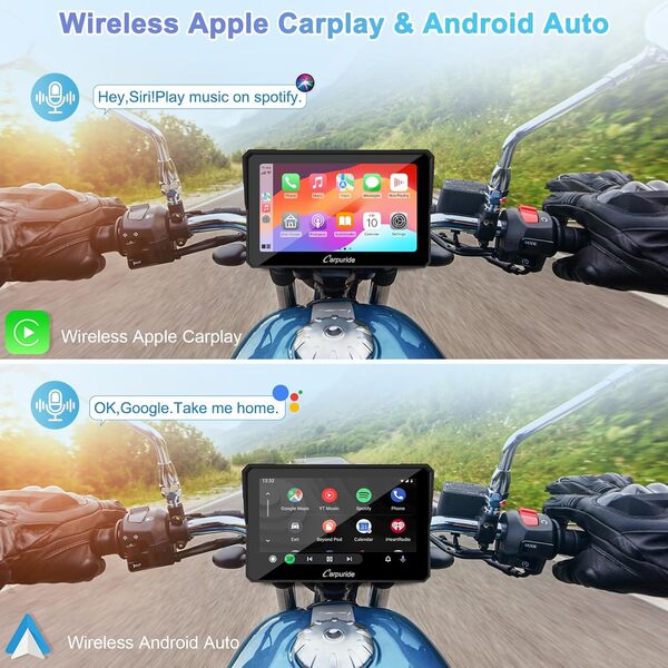 Carpuride W702 Écran Carplay sans Fil pour Moto, Portable CarPlay et Android Auto pour Moto, écran Tactile étanche de 7