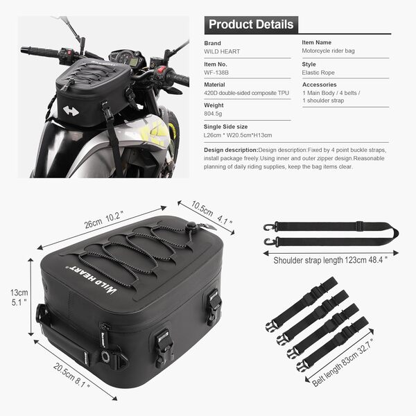 WILD HEART Sac arrière/Sac de Réservoir pour Moto, étanche, Multifonctionnel, pour Siège Arrière, Sacs de Selle pour Moto (Corde Noir)