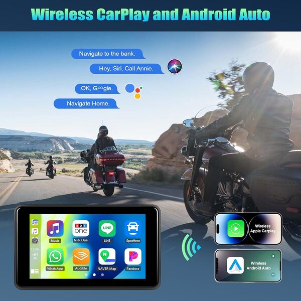 OiLiehu Écran Tactile sans Fil CarPlay & Android Auto pour Moto, 5'' IPS Écran Tactile, IP68 Étanche, Écran Portable avec Bluetooth, DVR, Caméra Frontale 2K, EQ, Carte TF 64G, Caméra Arrière