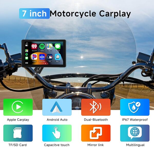 Podofo Écran Carplay sans Fil 7 Pouces pour Moto Portable CarPlay et Android Auto pour Moto, écran Tactile étanche avec Double Bluetooth, Navigation Moto/Assistant Siri/12 V, 1024 x 600
