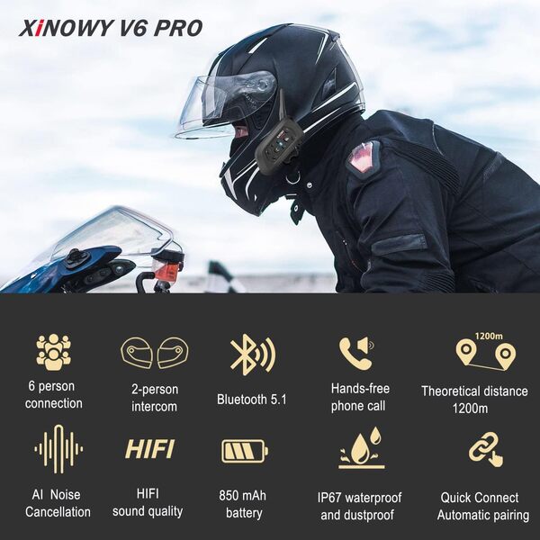 XiNOWY V6 Pro Intercom Moto Casque Bluetooth, Communication Mains Libres pour 6 Riders, 1200m, DSP/CVC Réduction du Bruit, Qualité Sonore HD, IP67 Résistant à l'eau, pour Moto/Vélo/VTT (Pack 2)