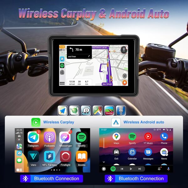 Écran Portable Carplay pour Moto, CarPlay sans Fil et Android Auto pour Moto, écran Tactile 5” IP67 étanche pour Moto, Double Bluetooth, Support EQ, GPS