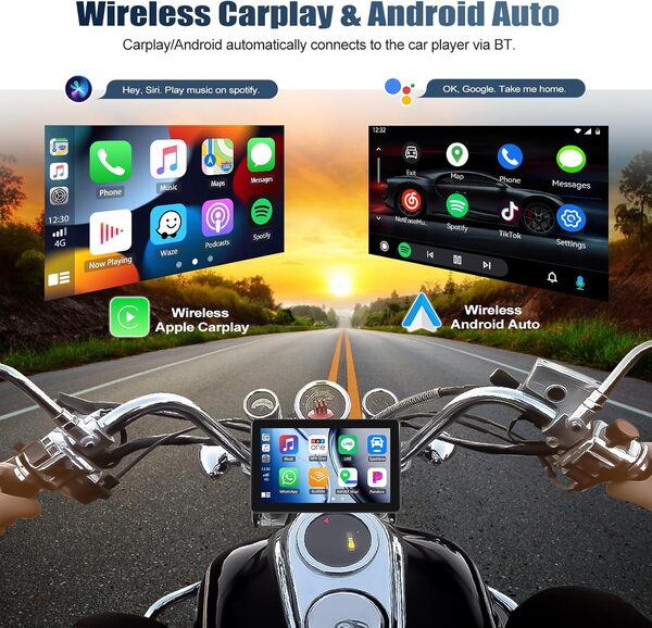 CAMECHO Navigation Moto avec Carplay sans Fil Android Auto,7 Pouces IP68 Waterproof écran Tactile IPS Portable,Support Bluetooth/Casque Bluetooth/TF/Airplay/Android Cast/EQ/Caméra Avant et arrière
