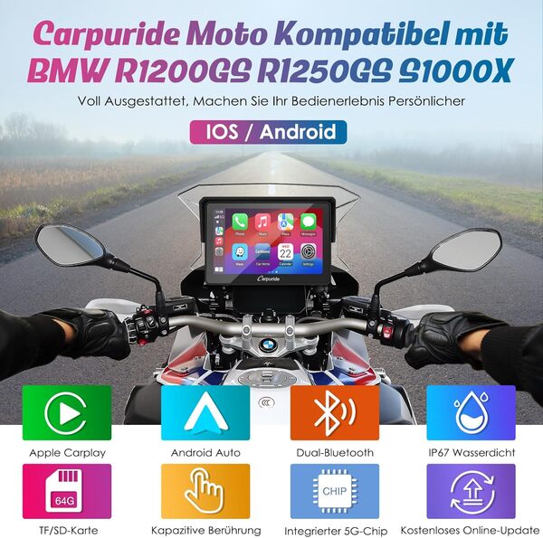 Carpuride W502B Écran Carplay pour BMW Moto R1200GS R1250GS S1000XR, écran Tactile étanche de 5 Pouces, Navigation GPS Portable Carplay/Android Auto pour Motos, Double Bluetooth