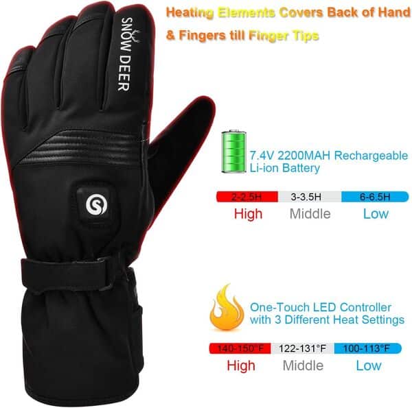 SNOW DEER Gants Chauffants Hommes Femmes,Rechargeable électrique 7.4V 2200mAh Gants Chauffants de Moto de Ski pour Arthritiques,Gants Chauffe Mains