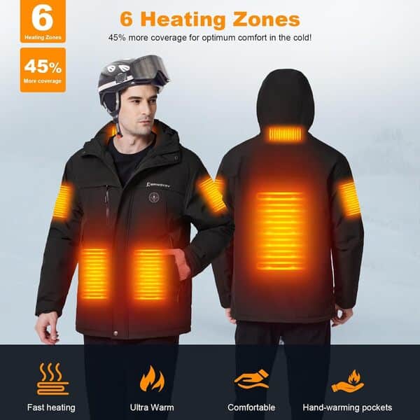 Veste Chauffante Homme avec Doublure en Polaire, Blouson Chauffant avec Batterie Externe 7,4V 12000mAh, Veste Imperméable Coupe-vent 6 Zones Chauffantes 3 Niveaux pour Ski Randonnée Camping