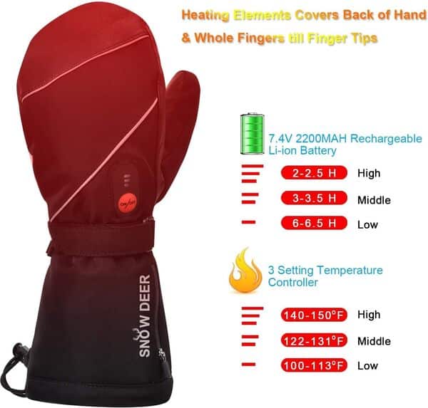 SNOW DEER Gants Chauffants 7.4V 2200mAh Rechargeable pour Ski, Hommes Femmes, Hiver, Motards, Neige, Camping, Randonnée - Chauffe-Mains