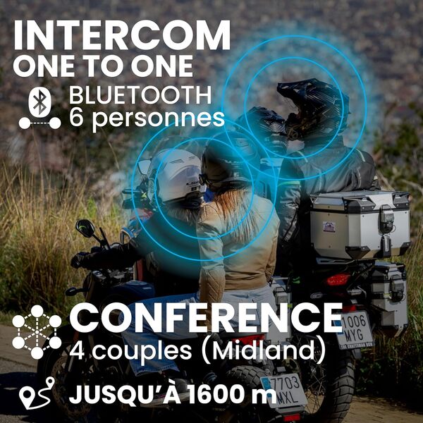 Midland - Intercom Moto BTX2 Pro S Solo Individuel Universal, Écouteurs Bluetooth sans Fil Casque Moto Étanche IPX6 avec Double Processeur BT, 800 m, 4 Couple, Batterie 23H, Anti Bruit et Audio Hi-FI