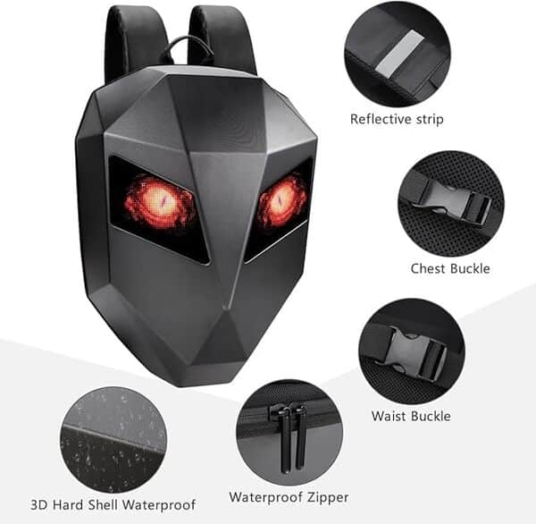 Générique Sac à Dos LED Noir Moto Intelligent, Design Robot, Coque Rigide 3D Imperméable, Grande Capacité pour Casque et Ordinateur Portable