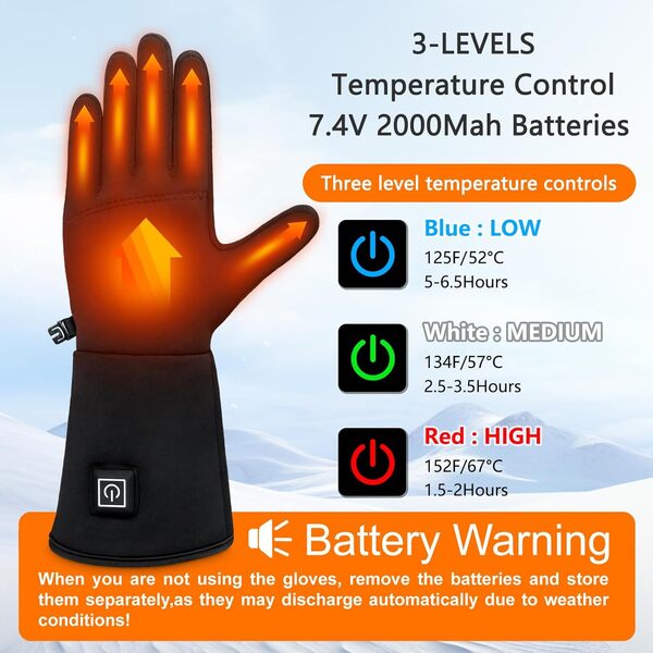 Gants Chauffants Homme Femme, Gants Chauffants Fins avec Batterie 7,4V 2200mAh Rechargeable, 3 Températures Réglables, Écran Tactile, Heated Gloves Chauffe Mains pour Ski Moto Randonnée