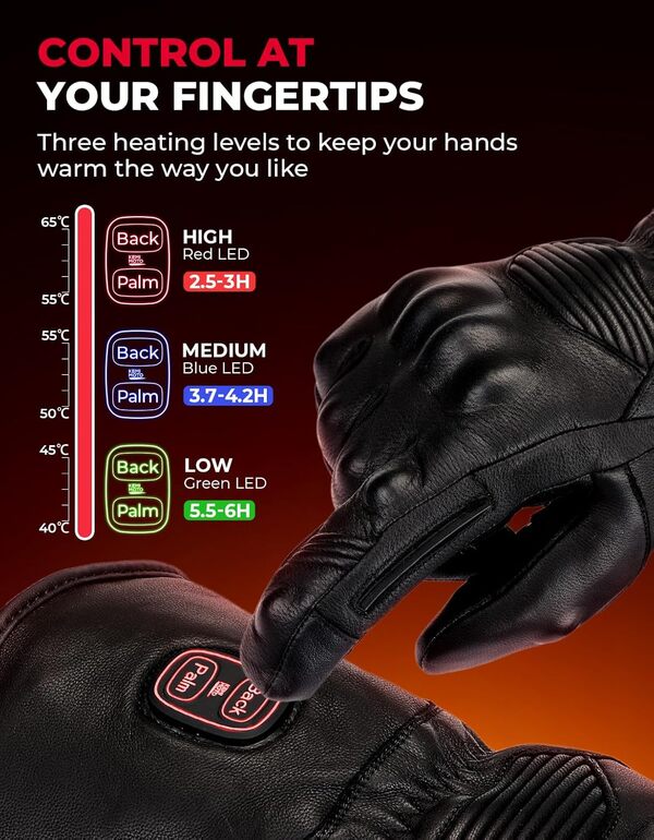 KEMIMOTO Gants Chauffants en Cuir, Contrôle Double Zone, 3 Niveaux de Chaleur, Batterie 3000 mAh, Gants Thermiques Imperméables avec Membrane Hipora, Coque en PVC