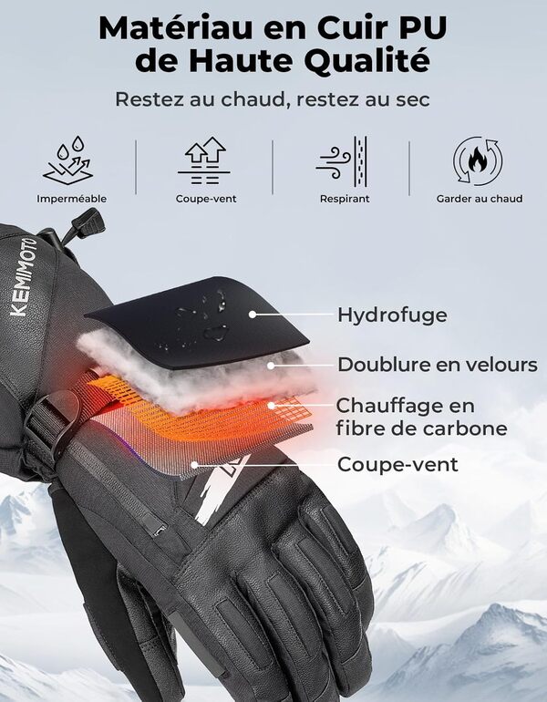KEMIMOTO Gant Chauffant Moto, Gants Chauffants Hiver Coussin EVA, Écran Tactile et Résistants à l'usure, Thermiques Électriques la Moto, Le Ski, Le Scooter